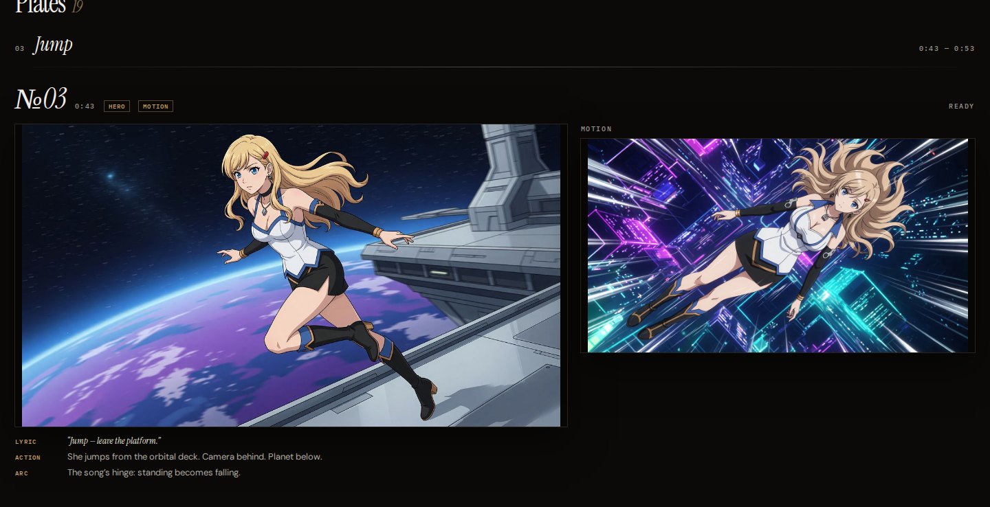 Riff storyboard for Meteor Aftertaste — plate 03, the orbital jump, with motion preview